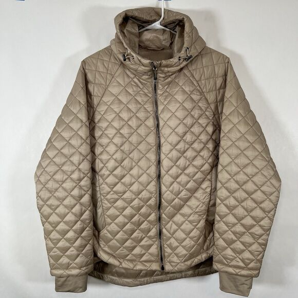 BCBG Maxazria Full Zip Quilted Puffer Jacket Womens Large Metallic Tan Hooded - Picture 1 of 16